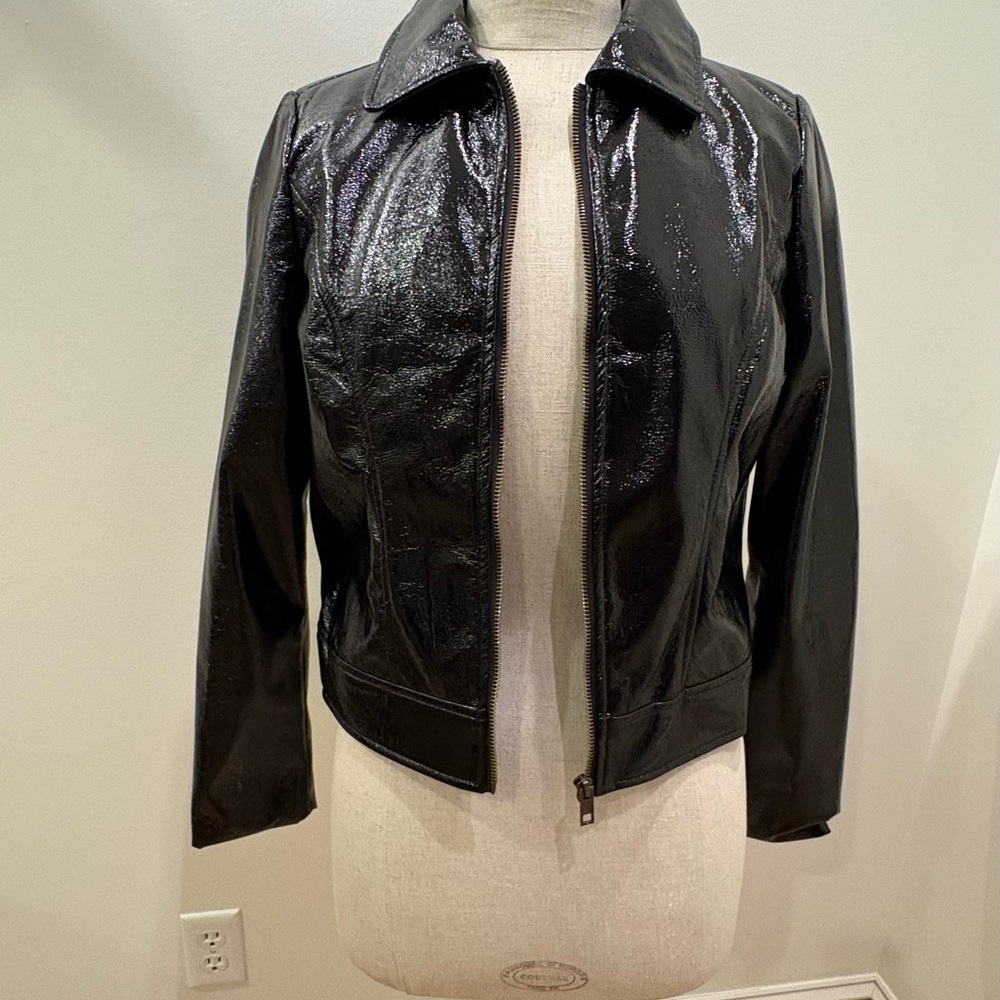 Who What Wear Womens Black Patent Faux Leather Bomber Biker Jacket / Size S - Picture 7 of 15